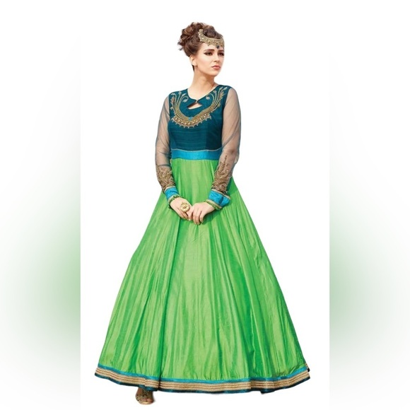 Indian Wedding Pakistani Party Formal Maxi Silk Traditional Green Ethnic Dress - Picture 1 of 9